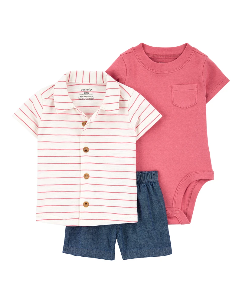Baby Boy 3-Piece Striped Outfit Set - Red