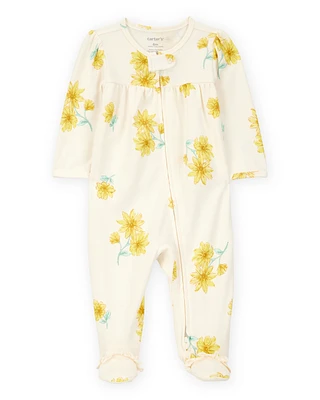 Baby Floral Print 2-Way Zip Cotton Sleeper Pyjamas - Cream
