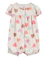 Baby Heart Print Ribbed Short-Sleeve Romper - Tan