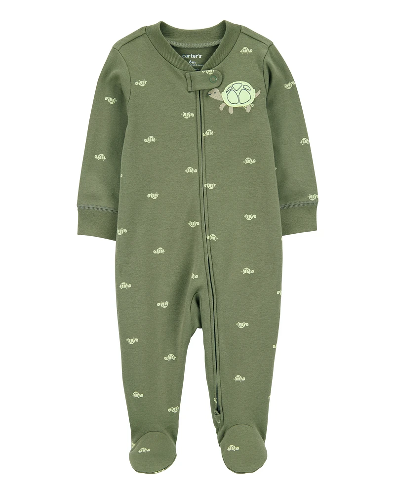 Baby Turtle Print 2-Way Zip Cotton Sleeper Pyjamas - Green
