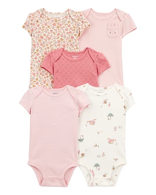5-Pack Floral Bunny Short-Sleeve Cotton Bodysuits