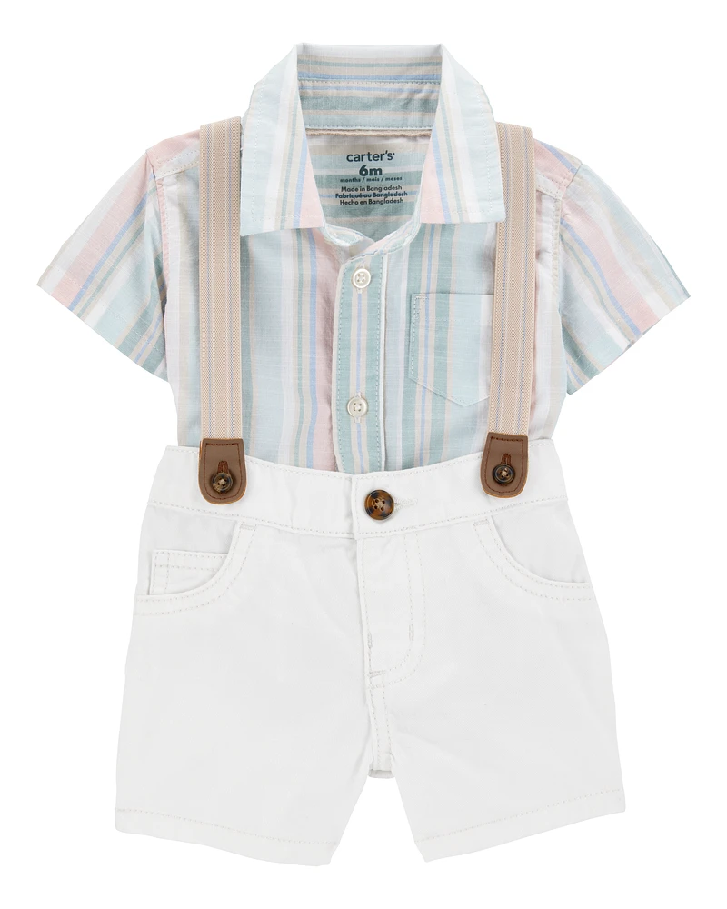 Baby 3-Piece Button-Down Bodysuit & Suspender Short Set