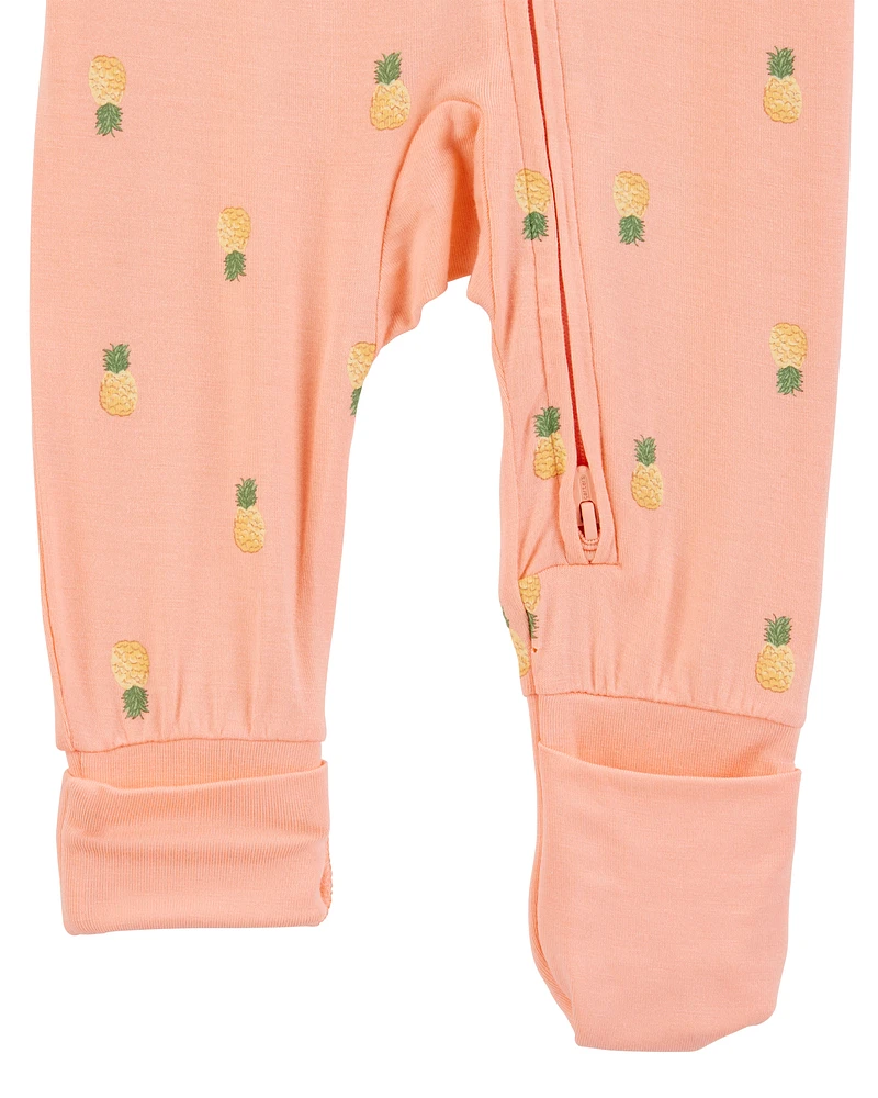 Baby Girl Pineapple Print 2-Way Zip PurelySoft Convertible Foot Sleeper Pyjamas - Coral