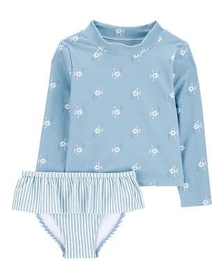 Baby 2-Piece Shell Striped Long-Sleeve Rashguard Swim Set - Blue