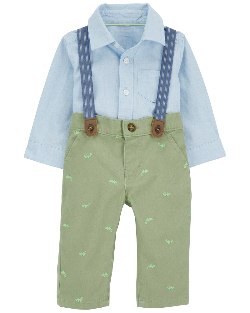 2-Piece Button-Front Bodysuit and Suspenders Pants Set