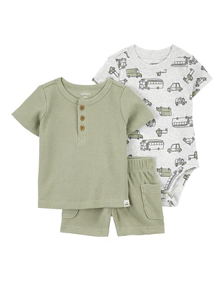 Baby 3-Piece Waffle Knit Outfit Set - Green
