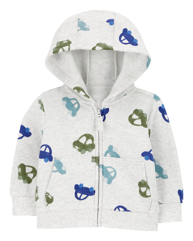 Baby Car Print Zip-Up Fleece Hoodie