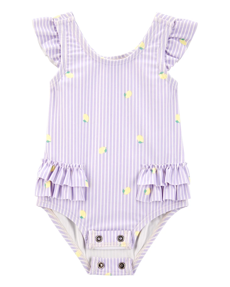 Baby Girl 1-Piece Striped Lemon Ruffle Swimsuit - Purple