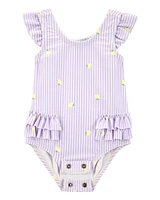 Baby Girl 1-Piece Striped Lemon Ruffle Swimsuit - Purple