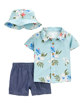 Baby 3-Piece Tropical Button-Down Shirt & Chambray Short Set
