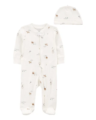 Baby 2-Piece Floral 2-Way Zip Cotton Sleeper & Cap Set