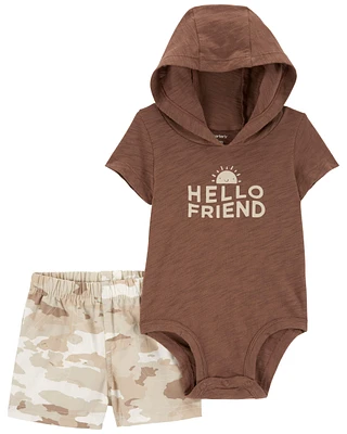 2-Piece Hello Friend Hooded Bodysuit & Camo Short Set