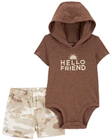 2-Piece Hello Friend Hooded Bodysuit & Camo Short Set