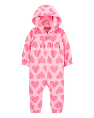 Baby Hearts Hooded Zip-Up Fleece Jumpsuit