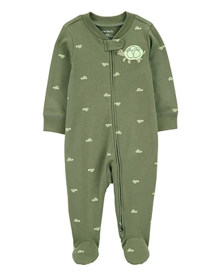 Baby Turtle Print 2-Way Zip Cotton Sleeper Pyjamas - Green