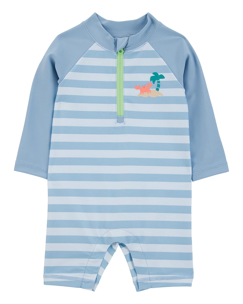 Baby 1-Piece Striped Long-Sleeve Rashguard Swimsuit - Blue