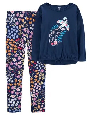 Kid 2-Piece Floral Dove Graphic Tee & Cozy Fleece Leggings