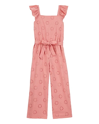 Kid Eyelet Tie-Front Jumpsuit - Pink