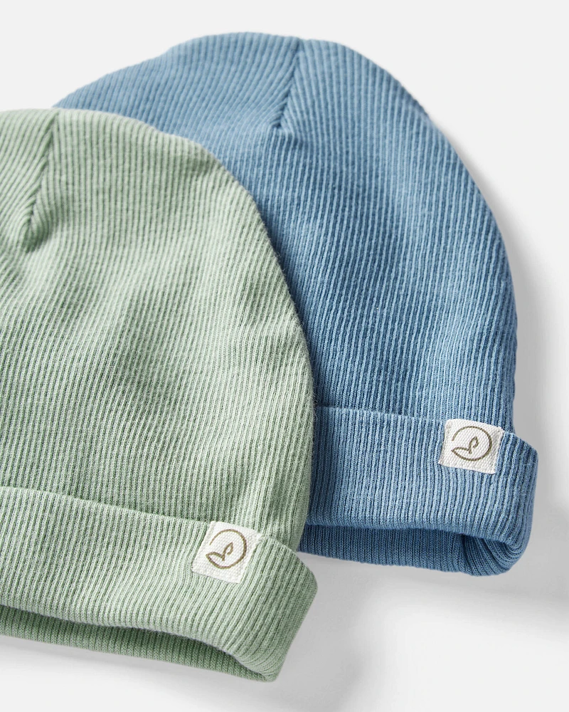Baby 2-Pack Organic Cotton Rib Caps - Juniper Moss, Blue