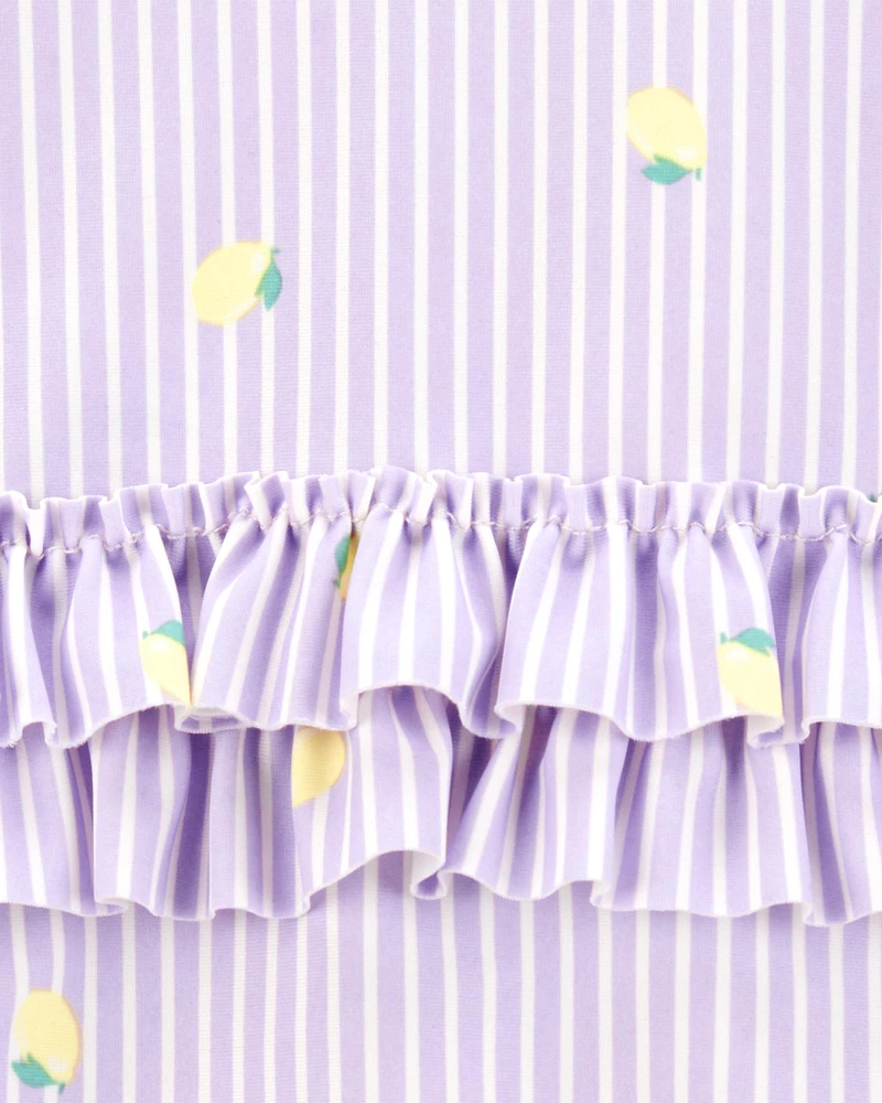 Baby Girl 1-Piece Striped Lemon Ruffle Swimsuit - Purple