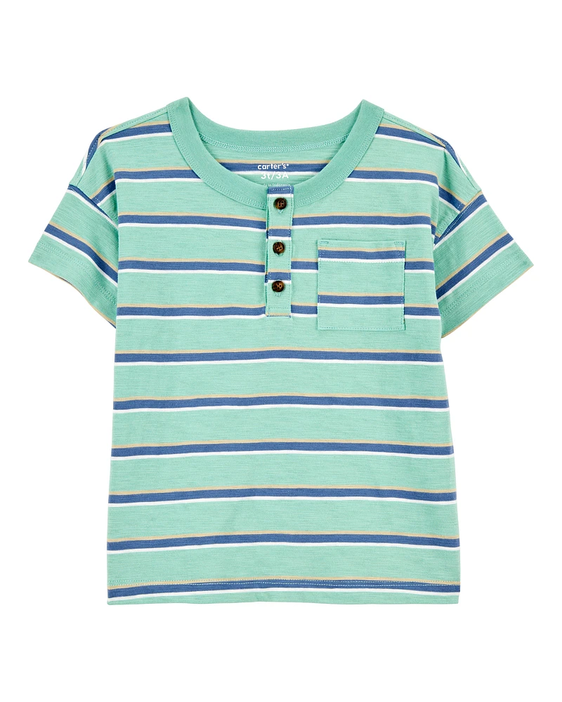 Toddler Striped Cotton Blend Short-Sleeve Henley - Green