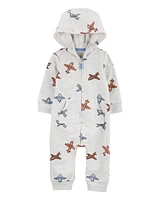 Baby Airplane Zip-Up Long-Sleeve Jumpsuit - Grey