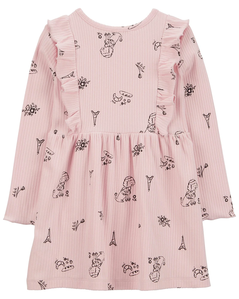 Toddler Paris-Print Long-Sleeve Dress - Pink