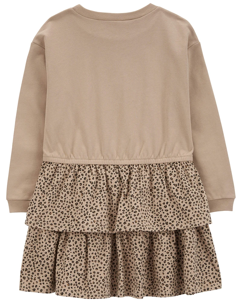 Kid Leopard Ruffle Long-Sleeve Dress