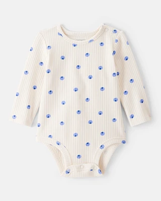 Baby Girl Blueberry Print Long-Sleeve Fashion Bodysuit - White