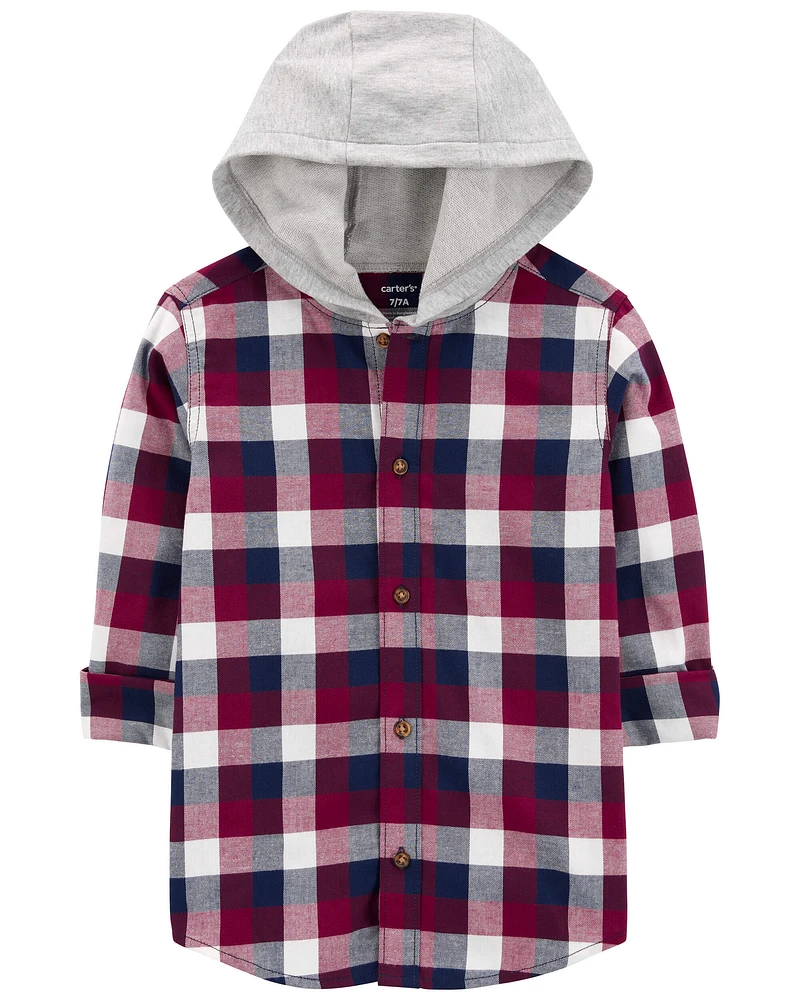 Kid Plaid Hooded Button-Down Shirt