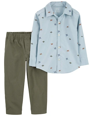 Toddler 2-Piece Airplane Button-Down Shirt & Pant Set