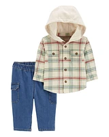 Baby 2-Piece Plaid Hooded Shirt & Pull-On Pant Set