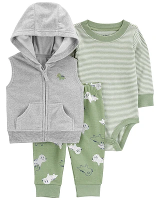 Baby 3-Piece Grey Fleece Dinosaur Vest Set