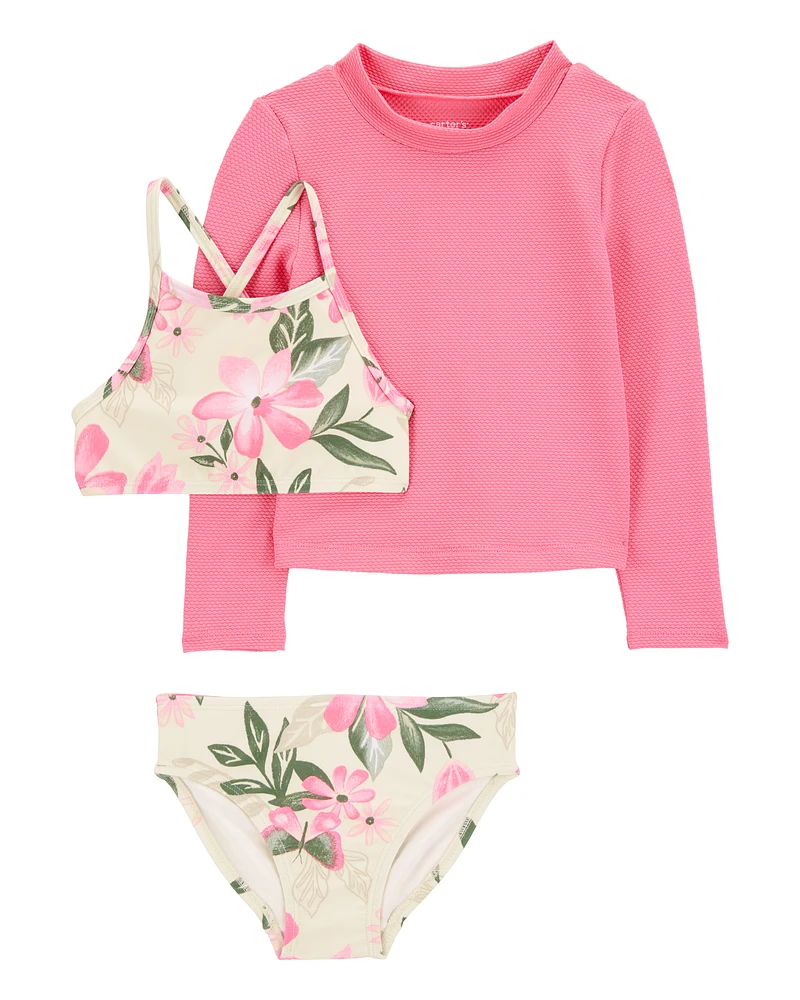 Toddler 3-Piece Tropical Floral Rashguard Swim Set - Pink/Cream