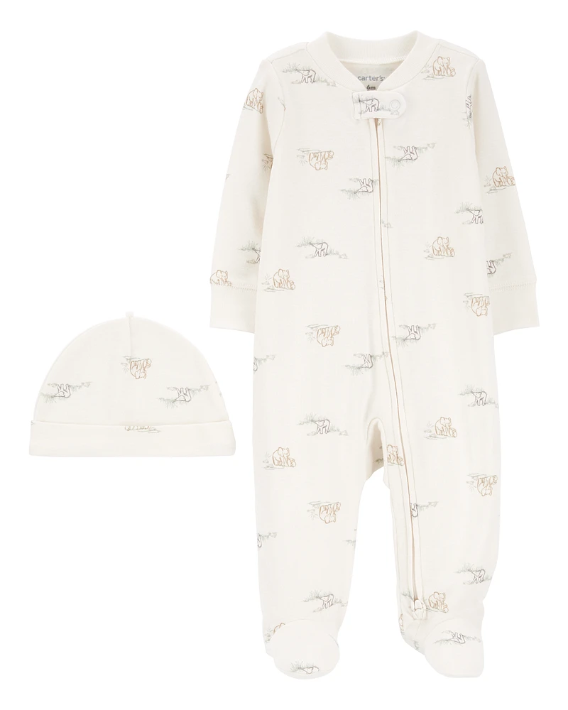 Baby 2-Piece 2-Way Zip Elephant Cotton Sleeper & Cap Set