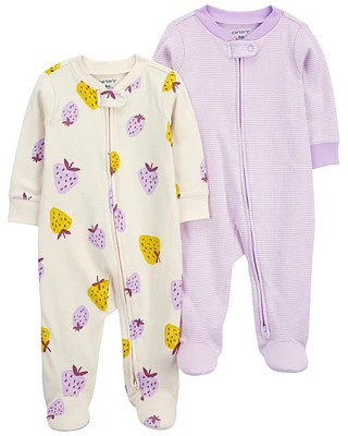 2-Pack Strawberry Zip-Up Cotton Sleeper Pyjamas