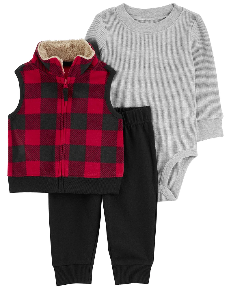 3-Piece Buffalo Check Fleece Little Vest Set