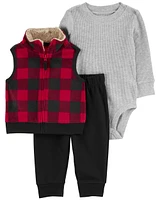 3-Piece Buffalo Check Fleece Little Vest Set