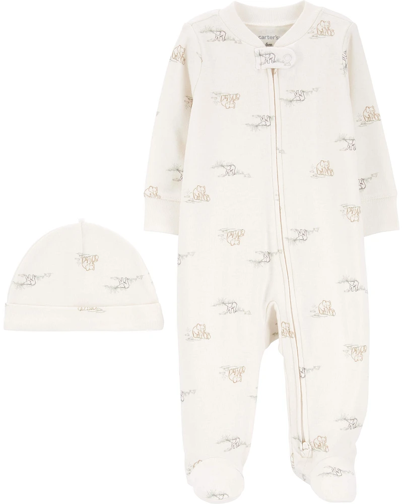 2-Piece 2-Way Zip Elephant Cotton Sleeper & Cap Set