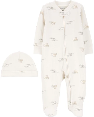 2-Piece 2-Way Zip Elephant Cotton Sleeper & Cap Set