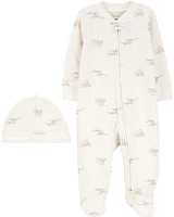 2-Piece 2-Way Zip Elephant Cotton Sleeper & Cap Set