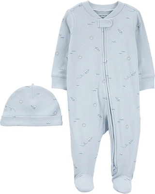 Baby Blue Airplane 2-Piece Sleeper and Cap Set