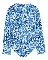 Kid 1- Piece Floral Long-Sleeve Rashguard Swimsuit - Blue