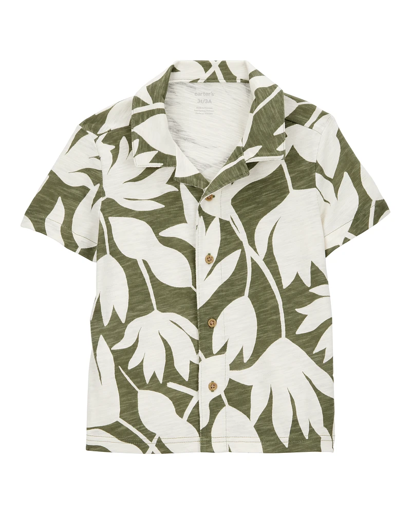 Toddler Tropical Print Cotton Short-Sleeve Fashion Top - Olive/White