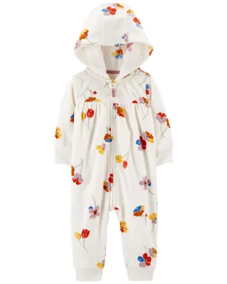 Floral Hooded Zip-Up Fleece Jumpsuit