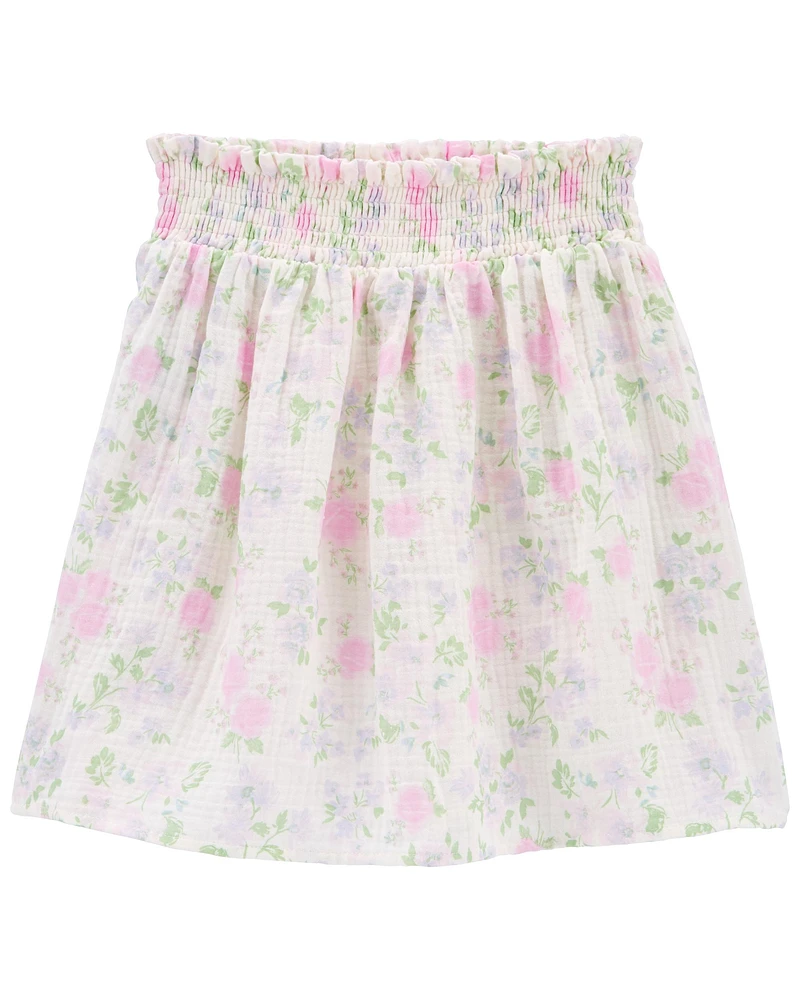 Floral Print Smocked Paperbag Skirt