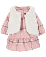 Baby 2-Piece Plaid Dress & Sherpa Vest Set