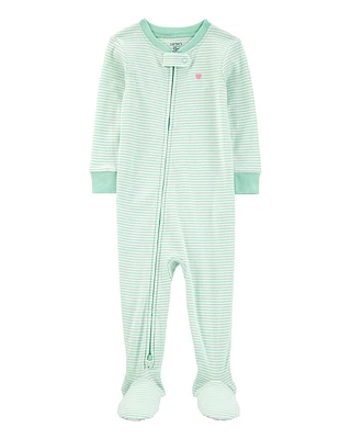 Toddler Striped Snug Fit Cotton Footie 1-Piece Pyjamas - Green