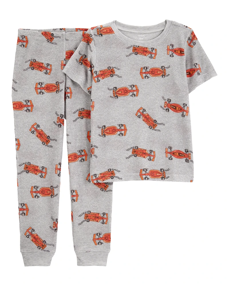 Kid Race Car Print Loose Fit Waffle Knit 2-Piece Pyjamas - Grey
