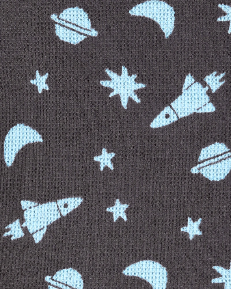 Toddler Boy Space Print Loose Fit Waffle Knit 2-Piece Pyjamas - Navy